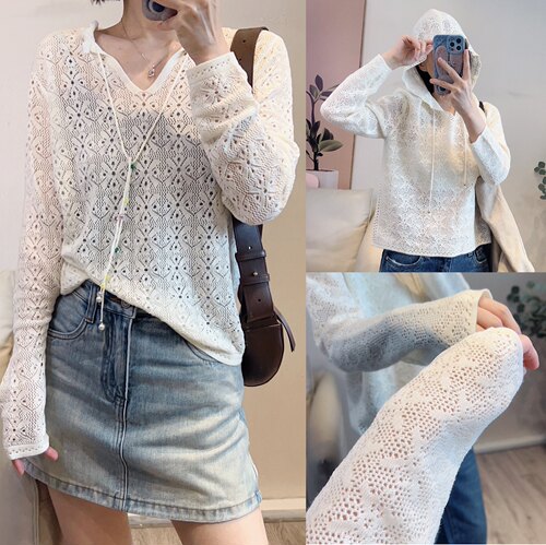 斯斯 0405清新蕾丝感重工镂空针织莱赛尔羊毛混纺连帽V领针织上衣