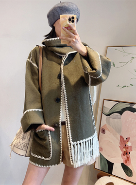 斯斯 1008 TO23新色羊毛强缩经典围巾系列美拉德咖色绿色中长大衣