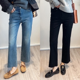 1111好舒服拉绒秋冬款高弹力时髦复古风百搭九分牛仔微喇喇叭裤