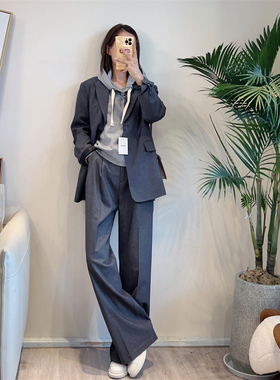 斯斯 1017 DIS灰色的帅气 羊毛混纺休闲感西装外套+高腰阔腿裤