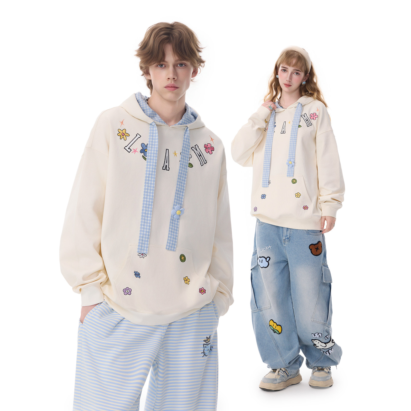 LAMLICKA植物花朵印花连帽卫衣宽松慵懒风多巴胺外套潮牌长袖上衣