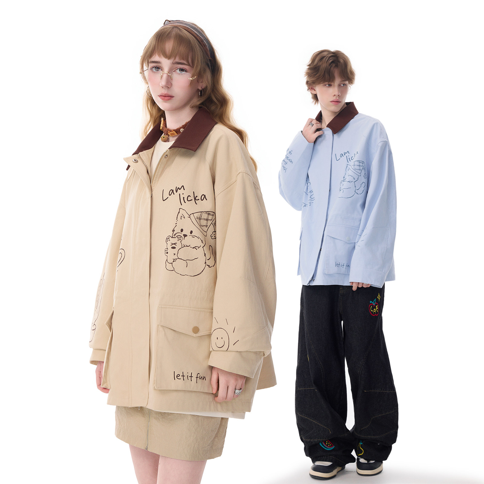 LAMLICKA卡通小熊印花外套宽松慵懒风休闲长袖开衫大口袋工装夹克