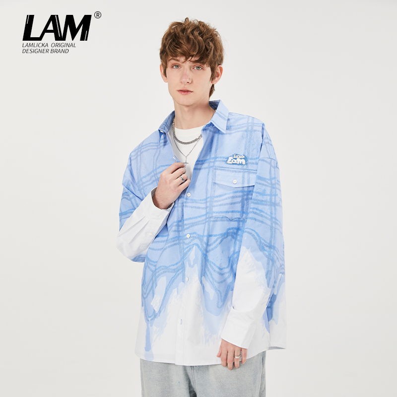 LAMLICKA蓝白撞色线条长袖衬衫