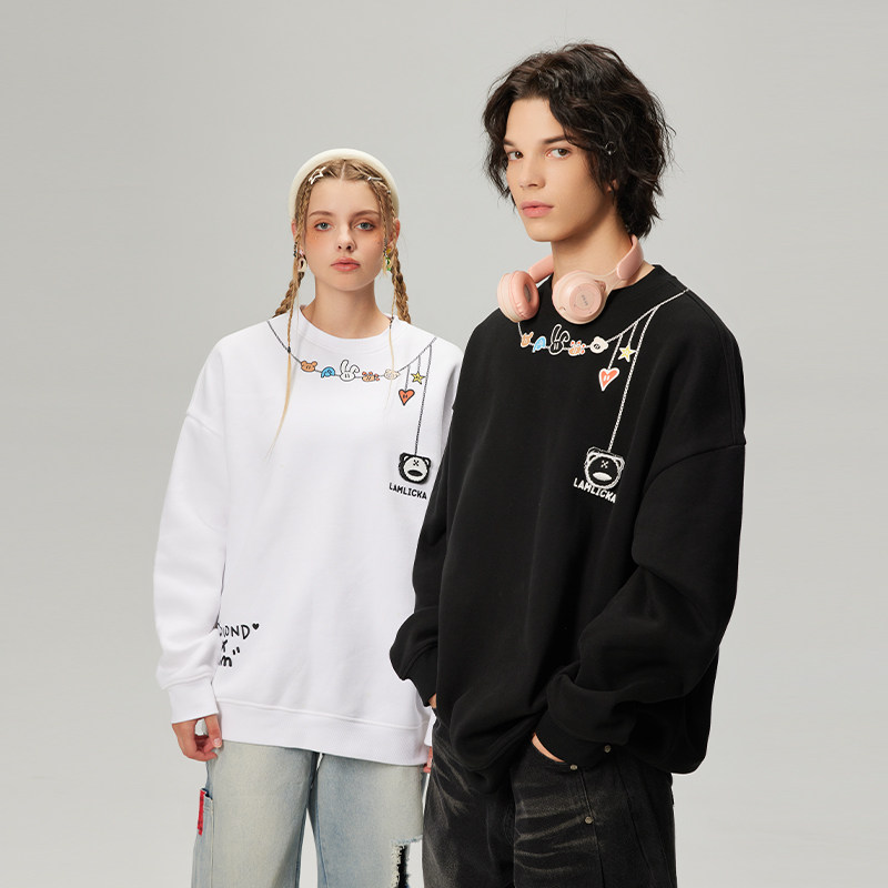 LAMLICKA熊猫印花圆领套头卫衣街头潮牌长袖宽松加绒重磅保暖外套