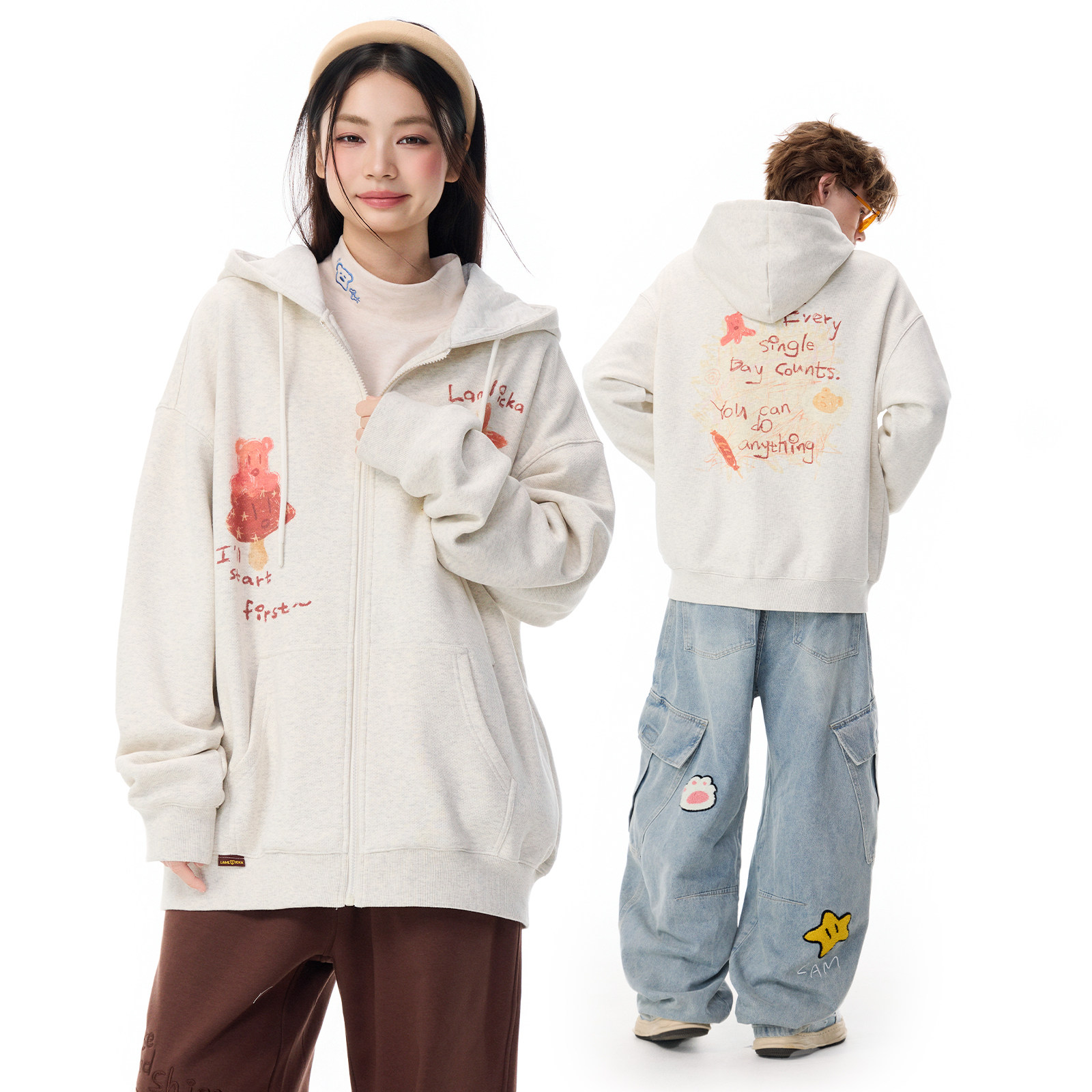 LAMLICKA卡通小熊灰色卫衣连帽女宽松慵懒风开衫外套oversize美式