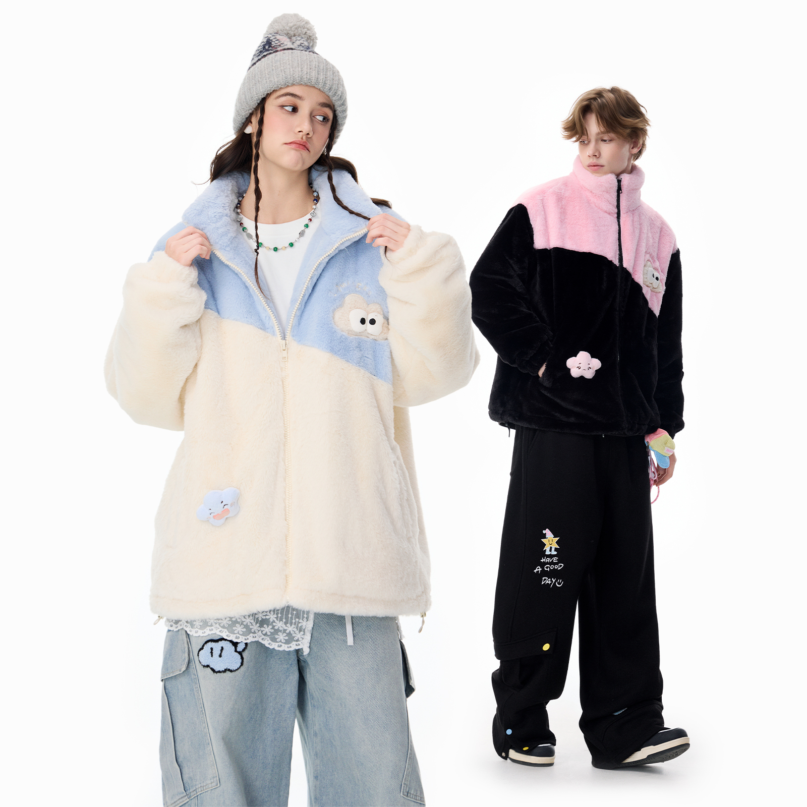 LAMLICKA云朵绣花羊羔绒外套女款冬宽松慵懒风加厚保暖开衫防寒