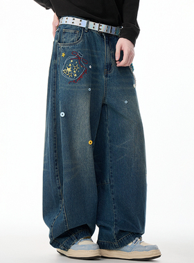 LAMLICKA许愿瓶绣花蓝色牛仔裤阔腿宽松潮牌休闲长裤美式弯刀裤