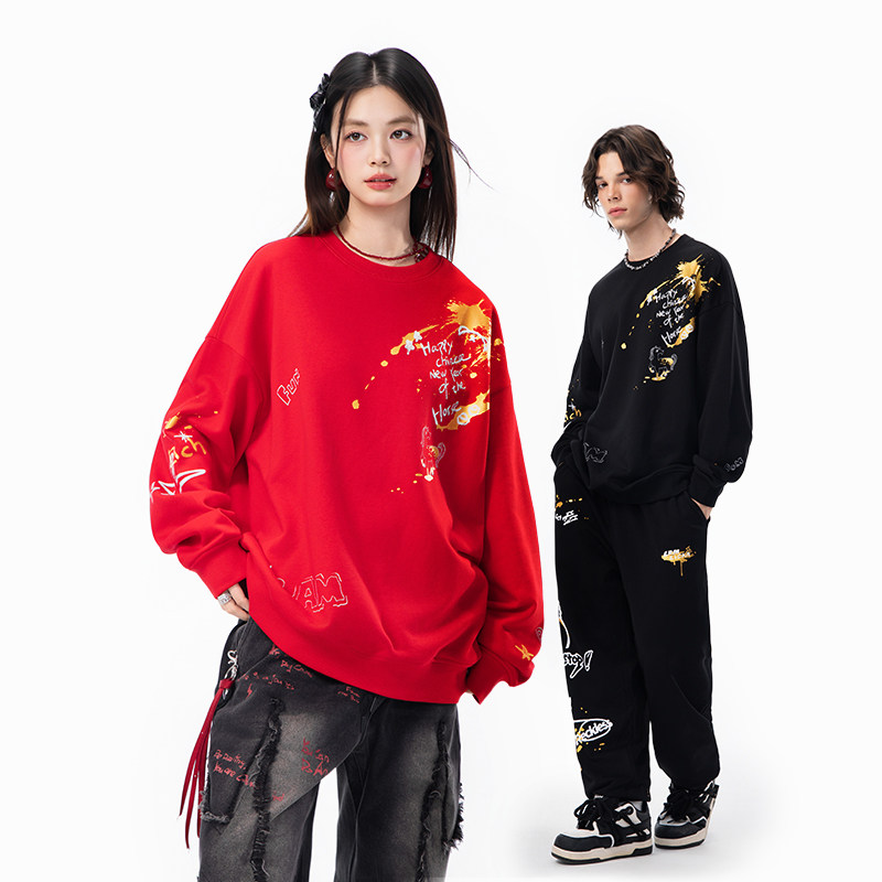 LAMLICKA泼墨红色卫衣宽松慵懒风国潮圆领长袖oversize外套情侣装