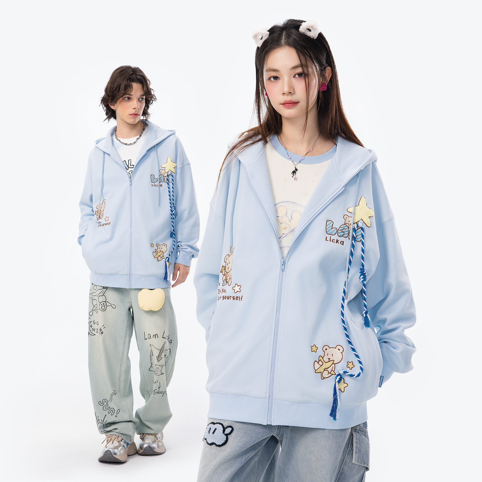 LAMLICKA摘星小熊开衫外套宽松慵懒风潮牌长袖夹克情侣装拉链卫衣