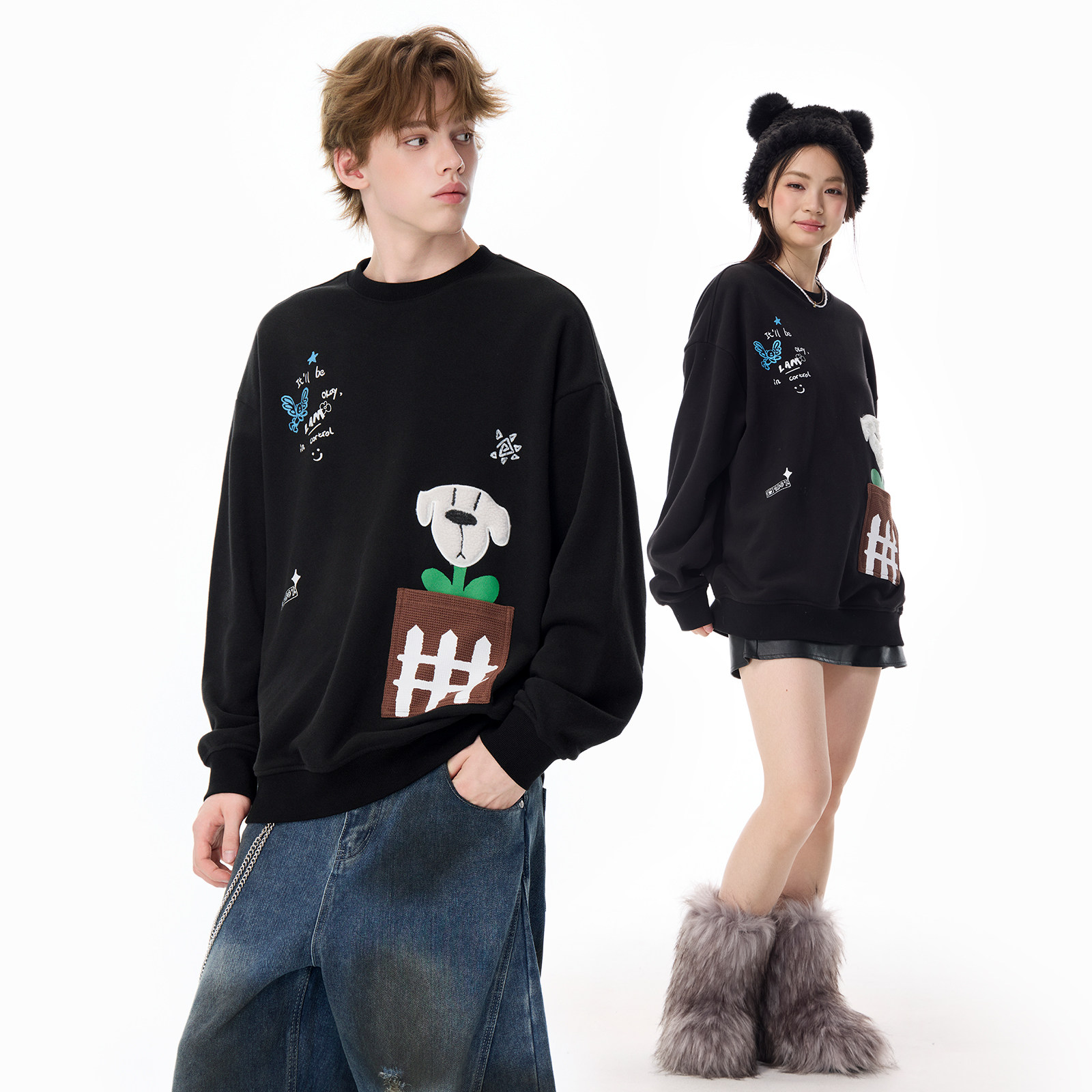 LAMLICKA花盆小狗大口袋黑色卫衣宽松慵懒风oversize潮牌重磅外套