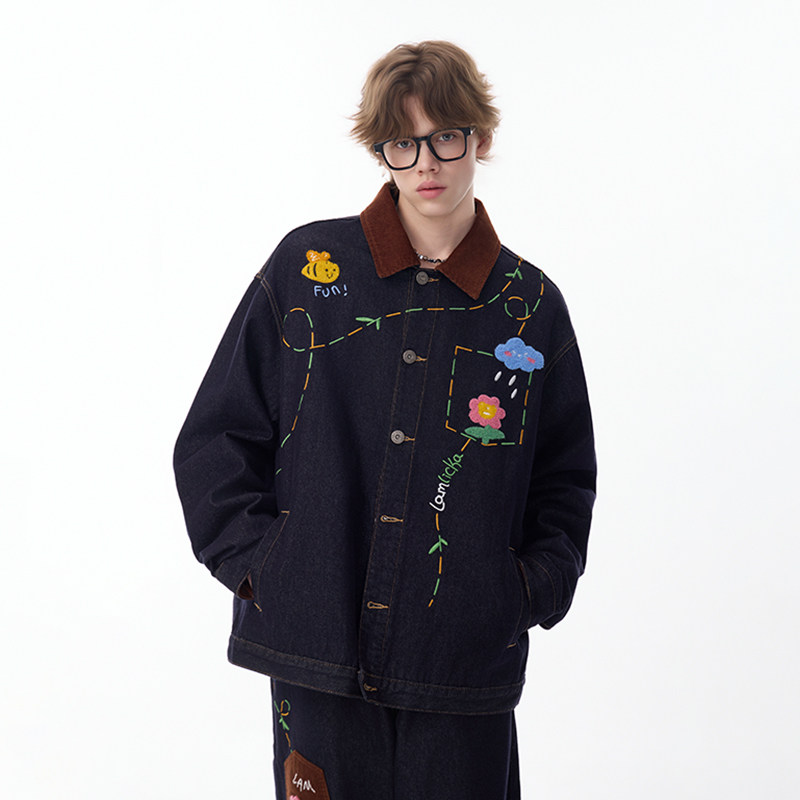 LAMLICKA郁金香假口袋深色牛仔外套美式高街刺绣宽松开衫翻领夹克