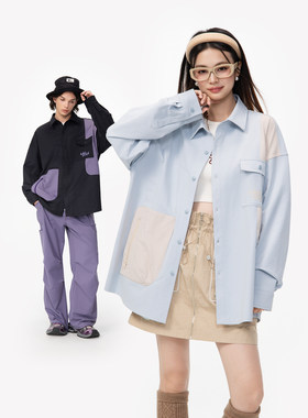 LAMLICKA贴布口袋拼接蓝色衬衫上衣女慵懒风oversize立领宽松长袖