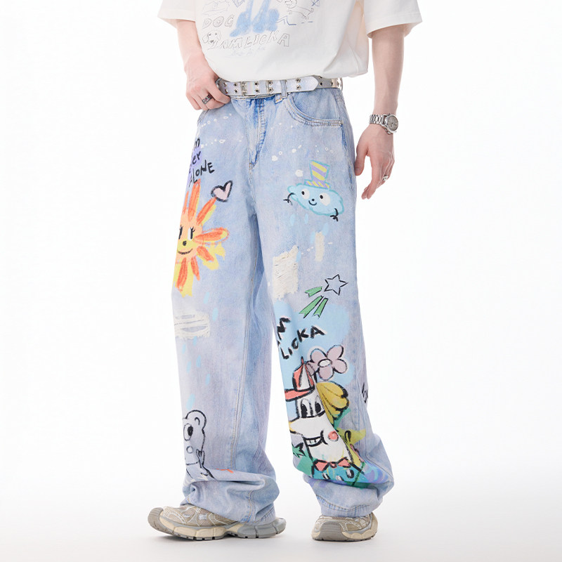 LAMLICKA卡通涂鸦仿牛仔印花阔腿裤美式高街直筒裤宽松破洞休闲裤