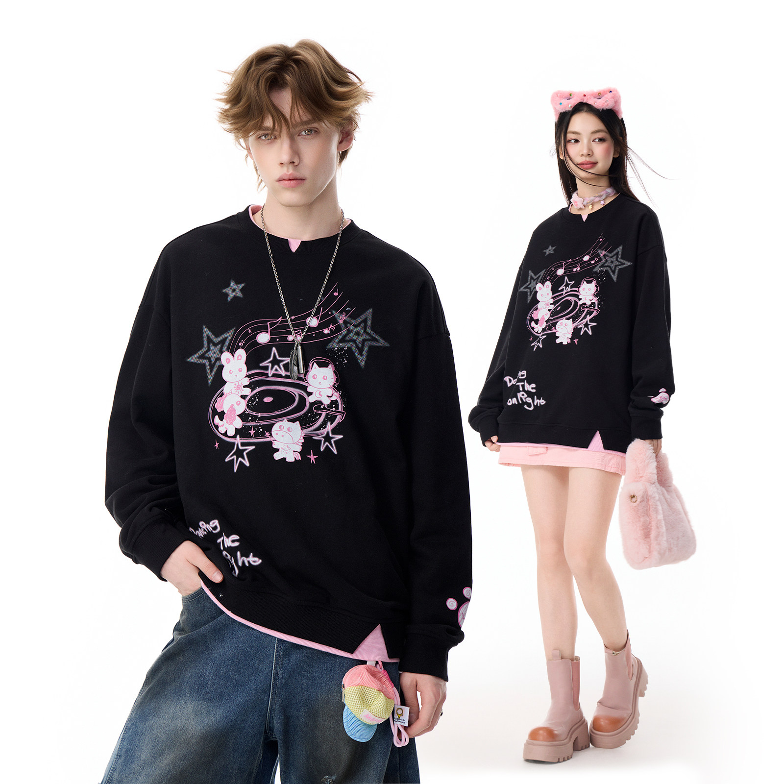 LAMLICKA动物唱片印花黑色外套oversize美式慵懒chic卫衣男款重磅