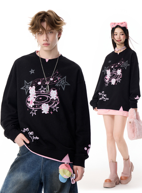 LAMLICKA动物唱片印花黑色外套oversize美式慵懒chic卫衣男款重磅