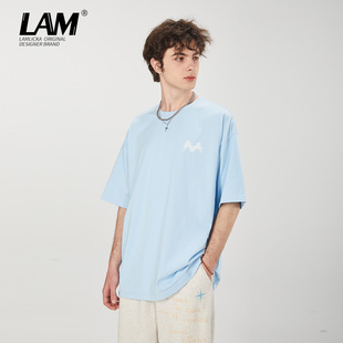 LAMLICKA潮牌发泡字母短袖 高街套头体恤宽松 T恤男女情侣2024新款