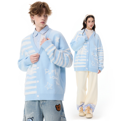 小猫蓝色毛衣开衫外套V领针织衫