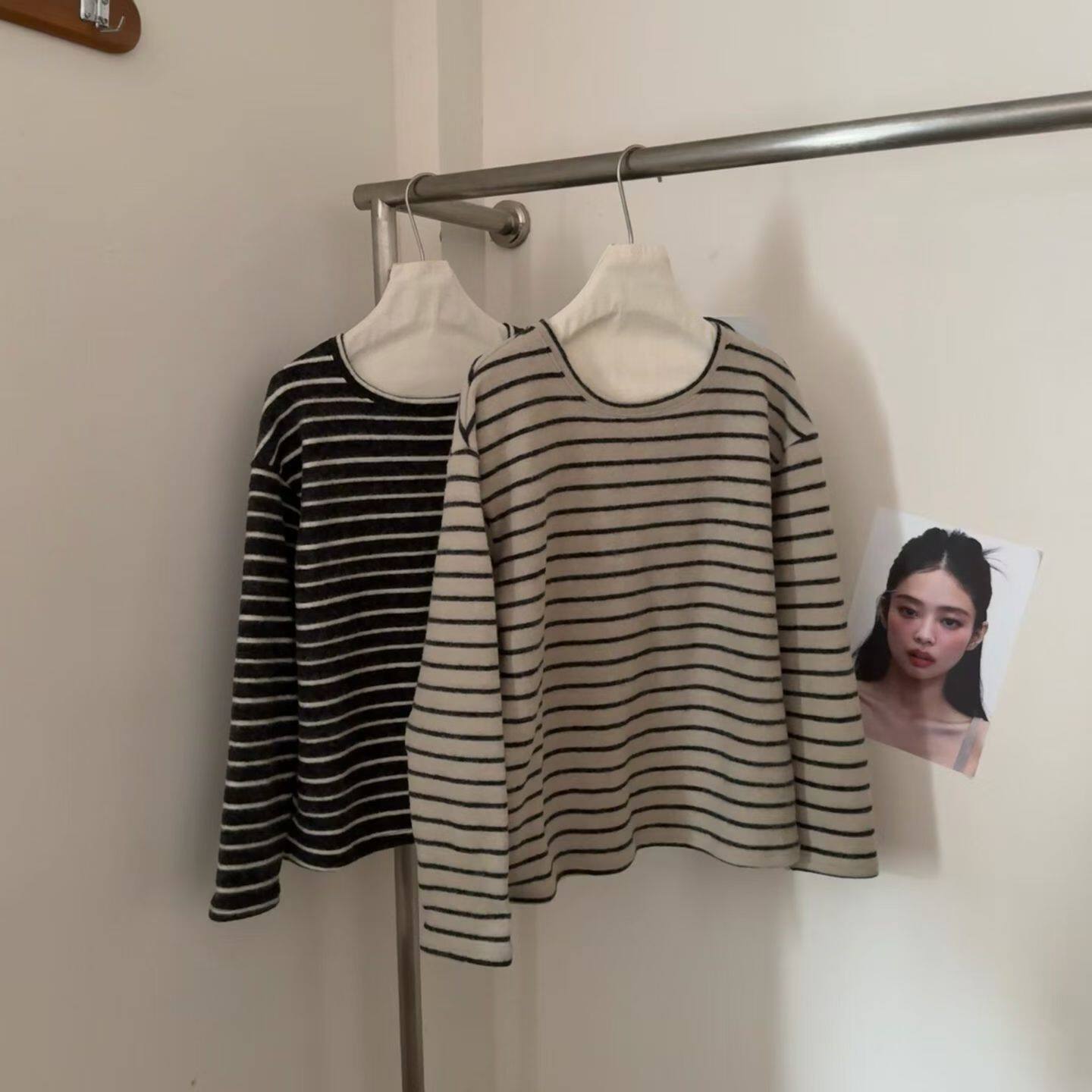 宽条纹兔绒圆领打底衫女宽松20卫衣/绒衫