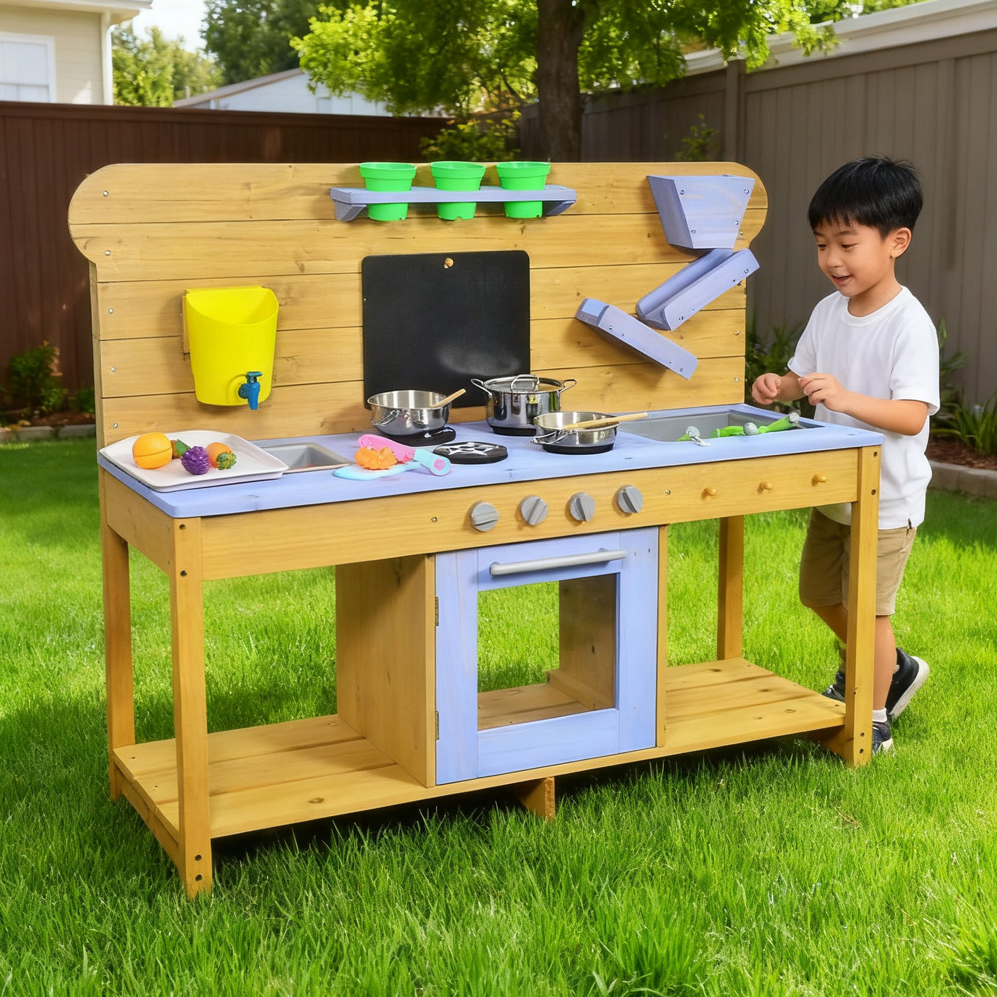 实木户外厨房游戏过家家厨房玩具男女孩儿童仿真木质防水厨具套装