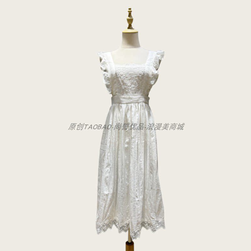 法式温柔风白色飞袖刺绣搭配女仆连衣裙女方领收腰仙女裙围腰
