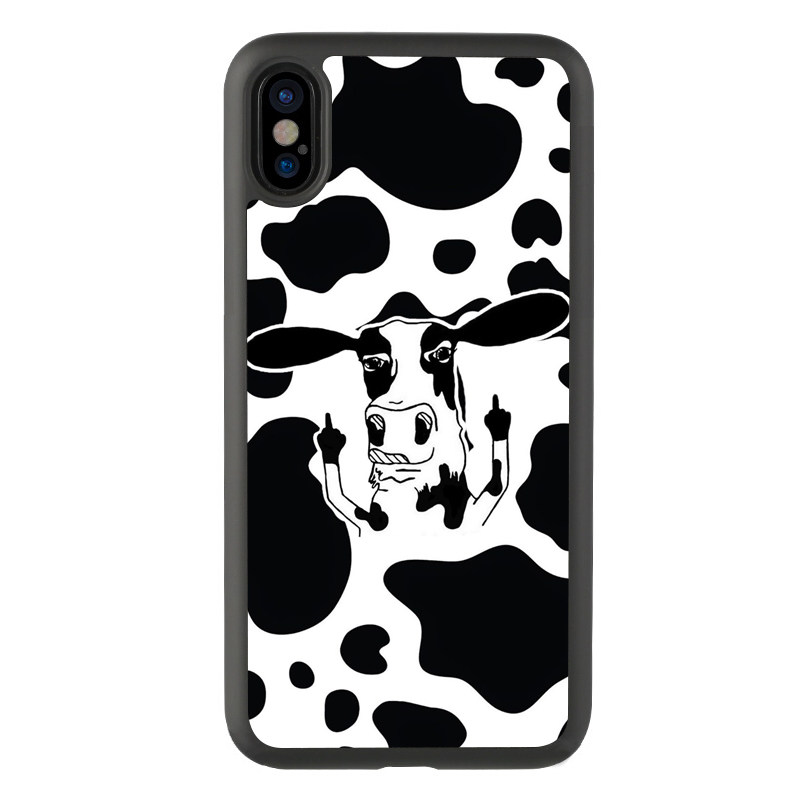 卡通11竖中指黑白牛奶纹适用于iphone121314promax手机壳xs防摔xr