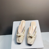 国风包头半拖鞋 女外穿穆勒鞋 子刺绣法式 新中式 珍珠平底百搭凉拖鞋