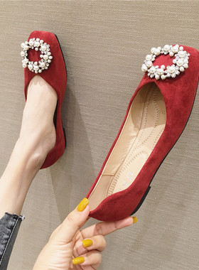 2025春季新款网红百搭方头浅口仙女晚晚风平底鞋女单鞋红色结婚鞋