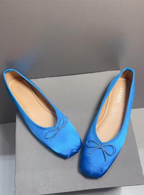 法式温柔浅口女士单鞋2025春夏新款方头蓝色缎面平底鞋子芭蕾舞鞋