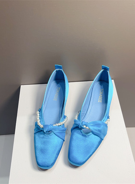 法式晚风蓝色单鞋女配裙低跟女鞋2025年春夏新款温柔鞋粗跟豆豆鞋