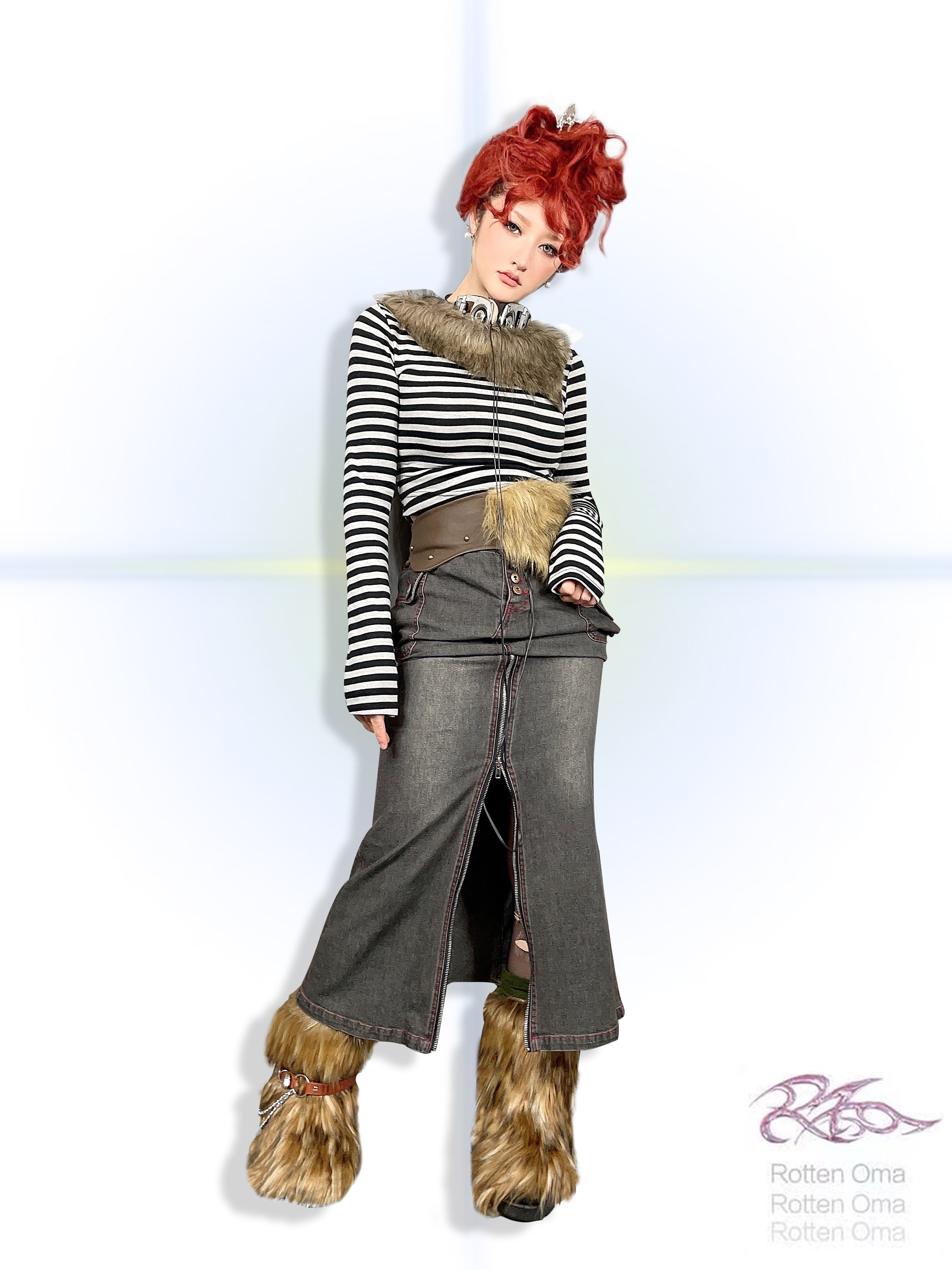 rottenoma棕色长毛人造毛拼色绒靴子街头千禧风