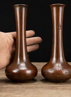 仿古铜花瓶莲花纹花瓶成对铜花瓶电镀紫铜家居饰品花瓶摆件装饰瓶