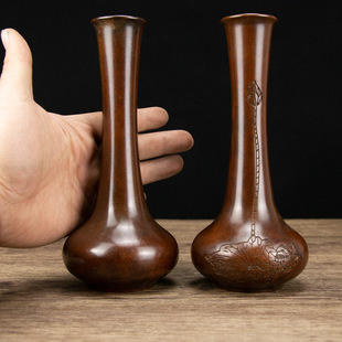 仿古铜花瓶莲花纹花瓶成对铜花瓶电镀紫铜家居饰品花瓶摆件装饰瓶