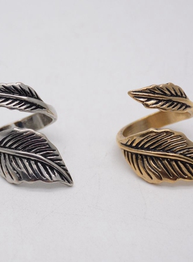 复古烧银树叶开口戒指古典饰品