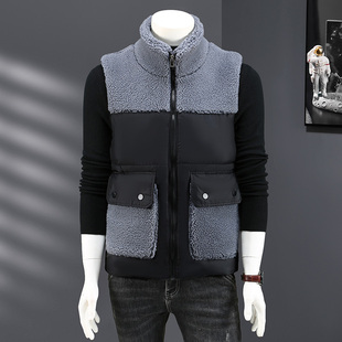 男士加厚马甲秋冬季拼接羊羔保暖马夹背心男潮牌修身无袖坎肩外套