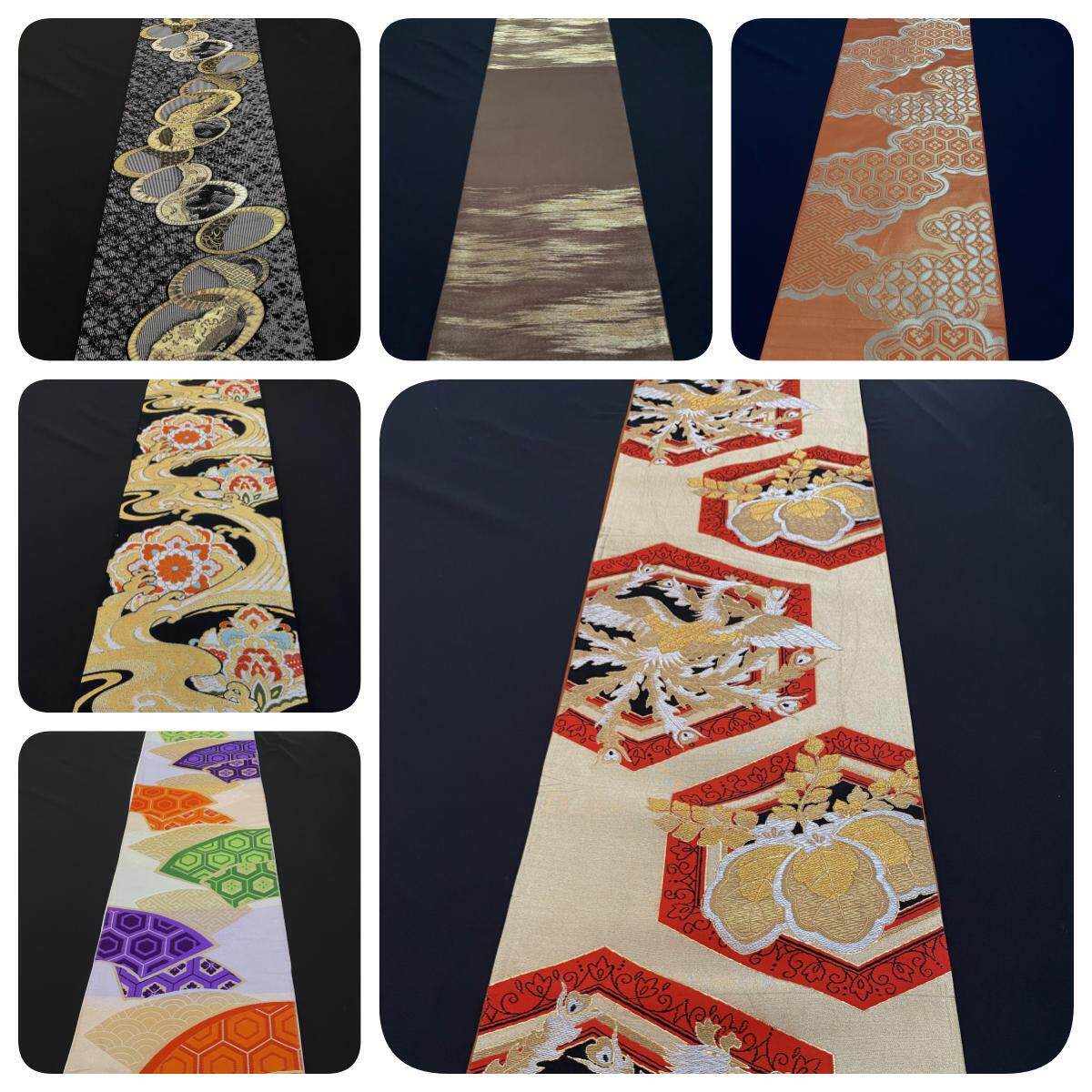 中古正绢西阵织日式和服六通袋带手工腰带金澜真丝茶席桌旗