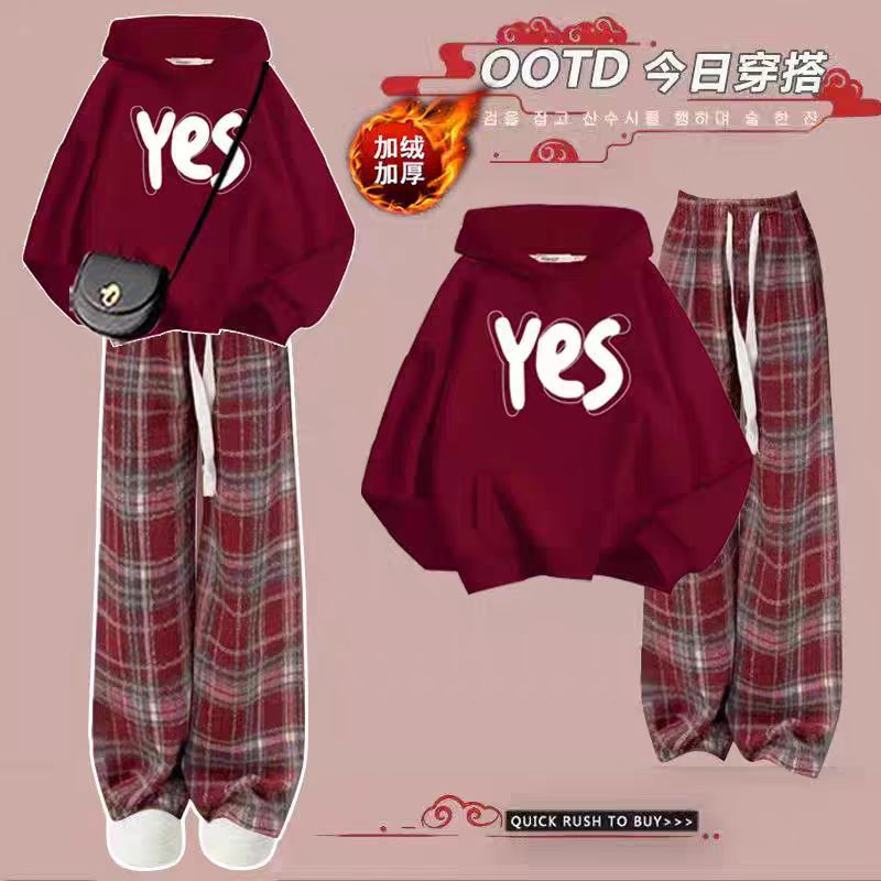 13大童加绒15初高中生秋冬款一体红色卫衣格子阔腿裤拜年服两件套