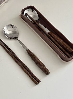 ins韩国实木质筷子勺子隔热套装便携餐具复古一人学生上班族专用