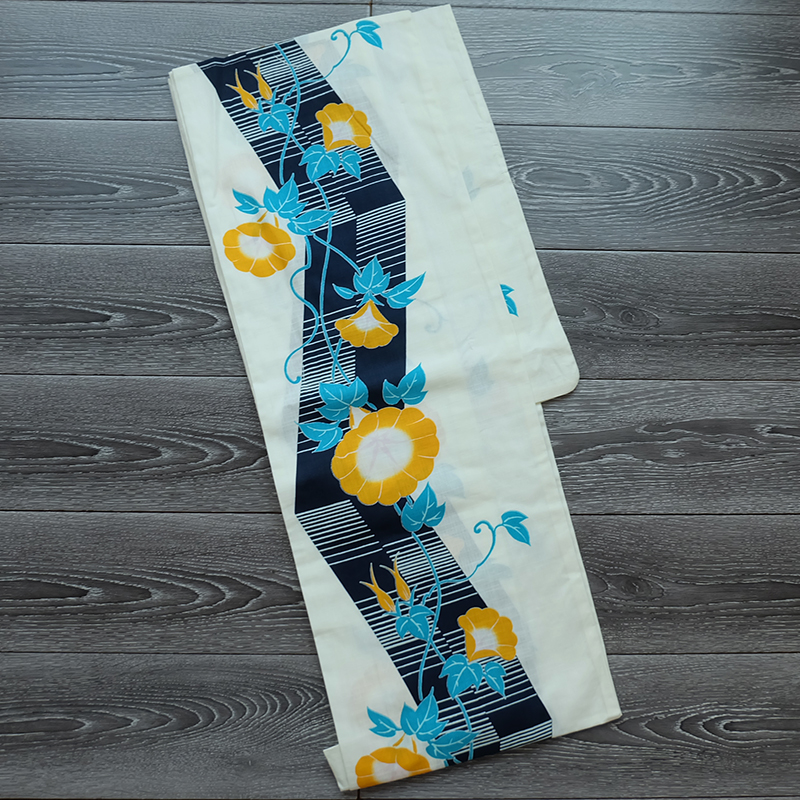 出口日本yukata客供全棉竹节格纹 浴衣和服怀旧系 复古插绘风朝颜