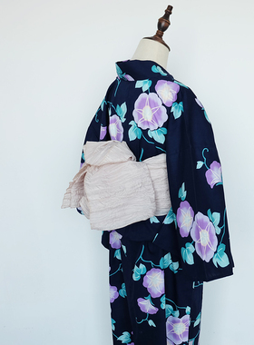 出口日本yukata客供全棉竹节格纹 浴衣和服 经典优雅系 蓝底朝颜