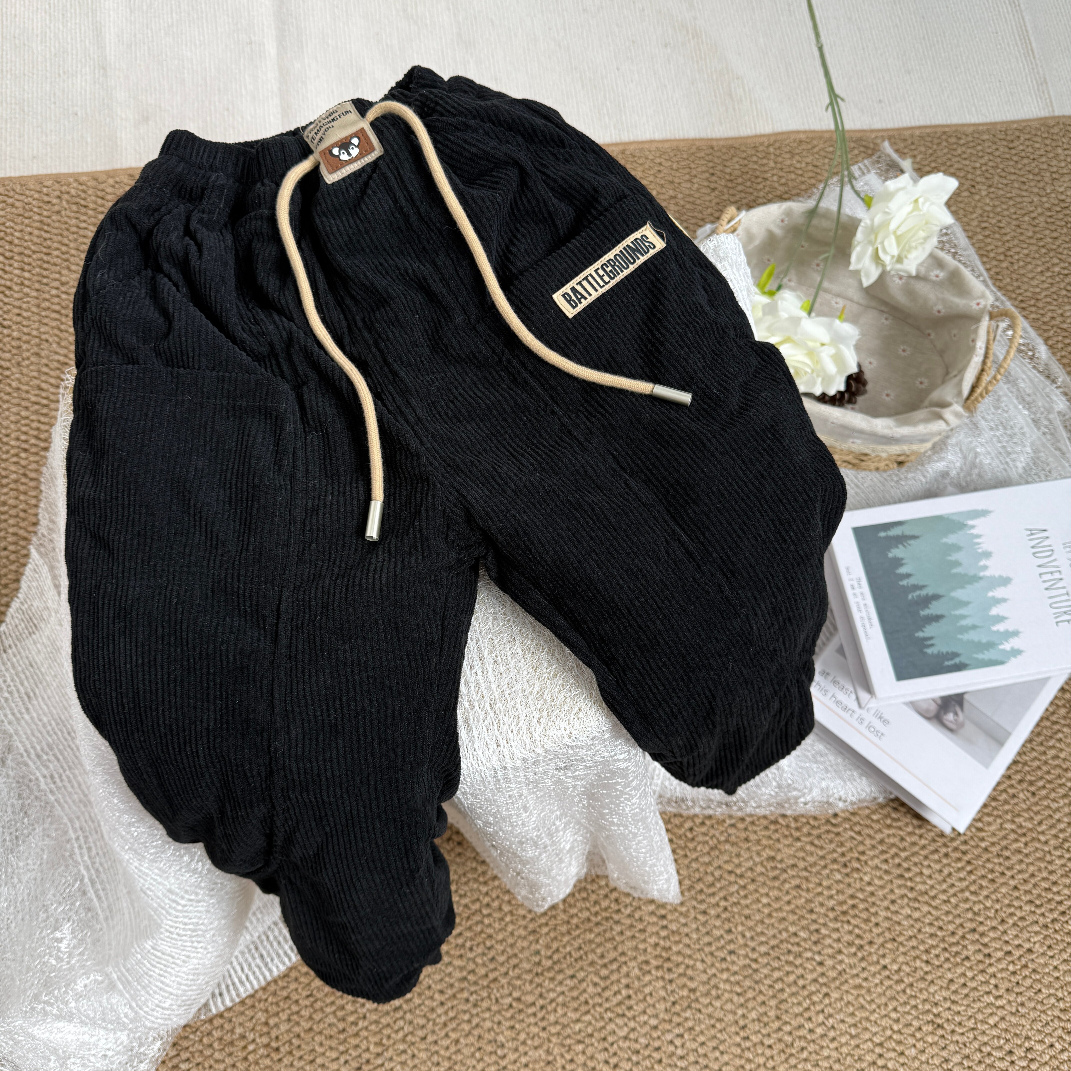 儿童夹棉加厚灯芯绒长裤男童女童冬季保暖宽松休闲裤黑色