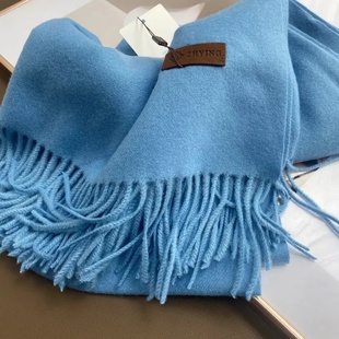克莱因蓝纯色羊绒围巾韩版女冬季男保暖长款加厚披肩两用蓝色围脖