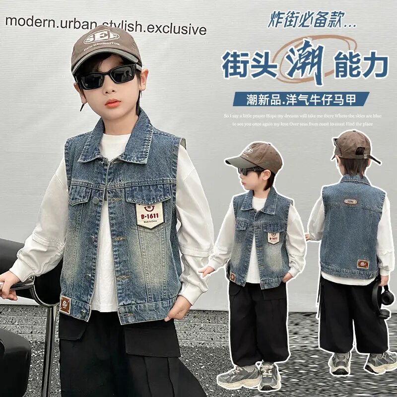 男童牛仔马甲春秋新款儿童酷帅中大童潮流洋气坎肩春秋装外穿背心