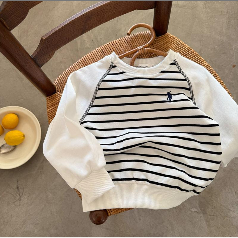 儿童T恤2025秋季新品男女童撞色刺绣打底衫宝宝条纹T恤衫