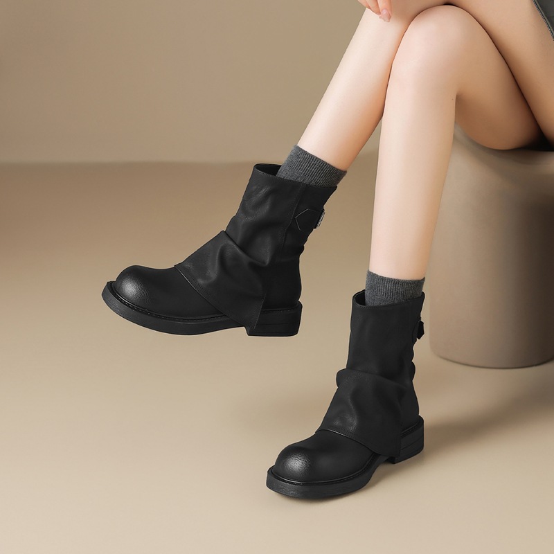 ZHR则则西部骑士靴堆堆短靴女2025新款棕色美拉德靴子厚底马丁靴