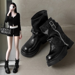 ZHR则则6cm增高皮带扣骑士靴2025年新款酷飒风街头拉链短靴女靴子