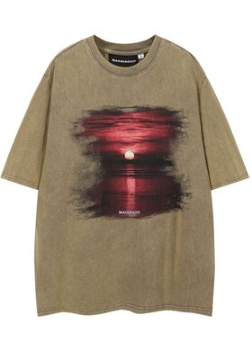 MAOQIAOYI  夏季复古潮牌水洗落日印花重磅T恤小众做旧高街短袖