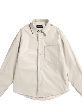 MAOQIAOYI 秋冬复古pu皮加绒衬衫外套黑白两色宽松痞帅机车风上衣