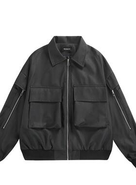 MAOQIAOYI 小众设计感大口袋PU皮衣美式复古痞帅机车工装情侣夹克