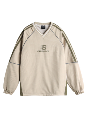 mayuEnjoy 秋季户外运动风宽松长袖T恤复古拼接三条杠V领休闲上衣