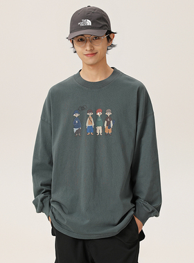 BLACK ARMADA 日系复古卡通印花长袖t恤男秋季宽松圆领潮牌打底衫